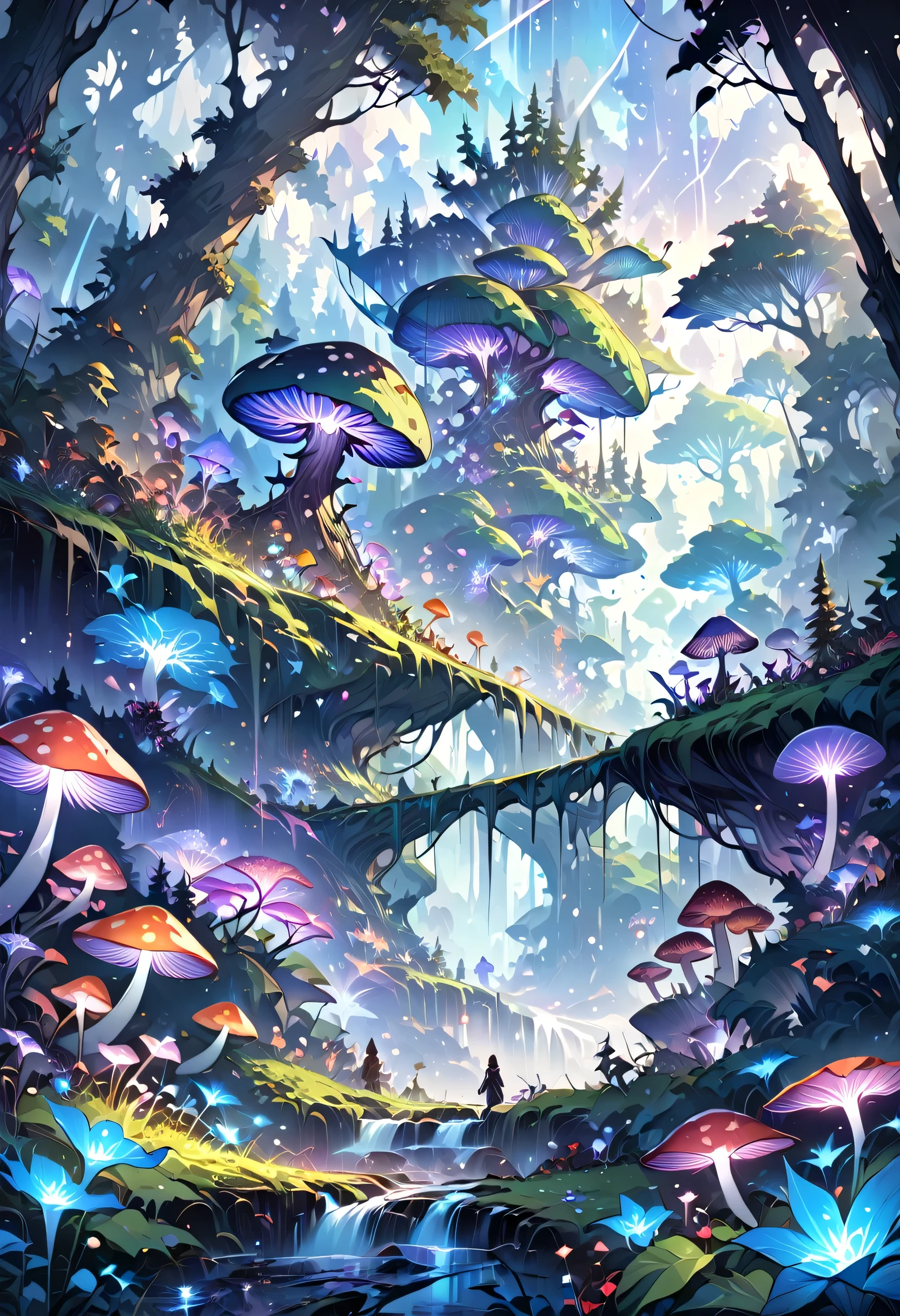 landscape view, abstract landscape, shining mushroom, shining flower, anime graphics, forest, intricate, detailed, masterpiece, 8k