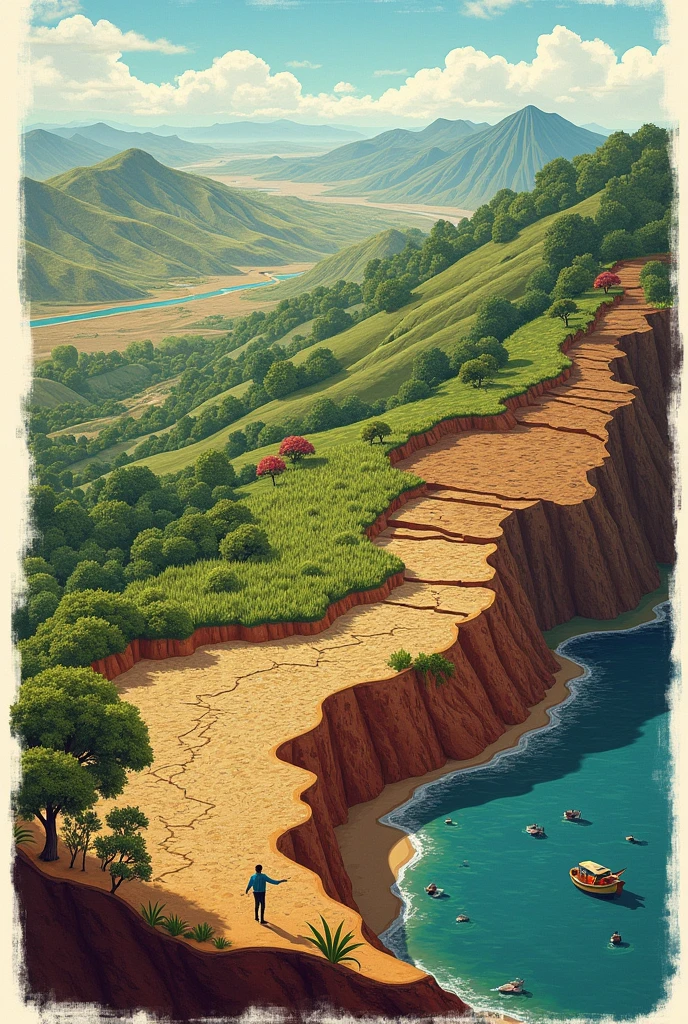 Create a detailed illustration showcasing the diverse soil types of Peru in a sequence, from left to right:

Alluvial Soils: Depict a fertile valley with green crops growing along a riverbank. The soil is dark and rich, with visible sediment layers.
Sandy Soils: Show a dry, desert-like landscape with sparse vegetation. The soil is light and grainy, with some scattered dunes.
Clay Soils: Illustrate a hilly terrain with reddish-brown, compacted soil, and sparse vegetation. The ground looks hard and cracked.
Volcanic Soils: Depict a mountainous region near a volcano, with dark, fertile soil supporting lush crops and greenery.
Lateritic Soils: Show a tropical rainforest scene with reddish soil. The vegetation is dense, with large trees and a thick underbrush.
Peaty or Gleyed Soils: Illustrate a swampy area in the lowland jungle. The soil is dark, waterlogged, and surrounded by wetlands with tall grasses and stagnant water.
Paramo or Andosolic Soils: Depict a high-altitude Andean landscape with dark, organic-rich soil, supporting sparse, hardy vegetation like grasses and small shrubs.
Ensure the transition between each soil type is smooth, with gradual changes in landscape and vegetation to reflect the different ecosystems where these soils are found. The scene should capture the diversity and beauty of Peru's natural environments.