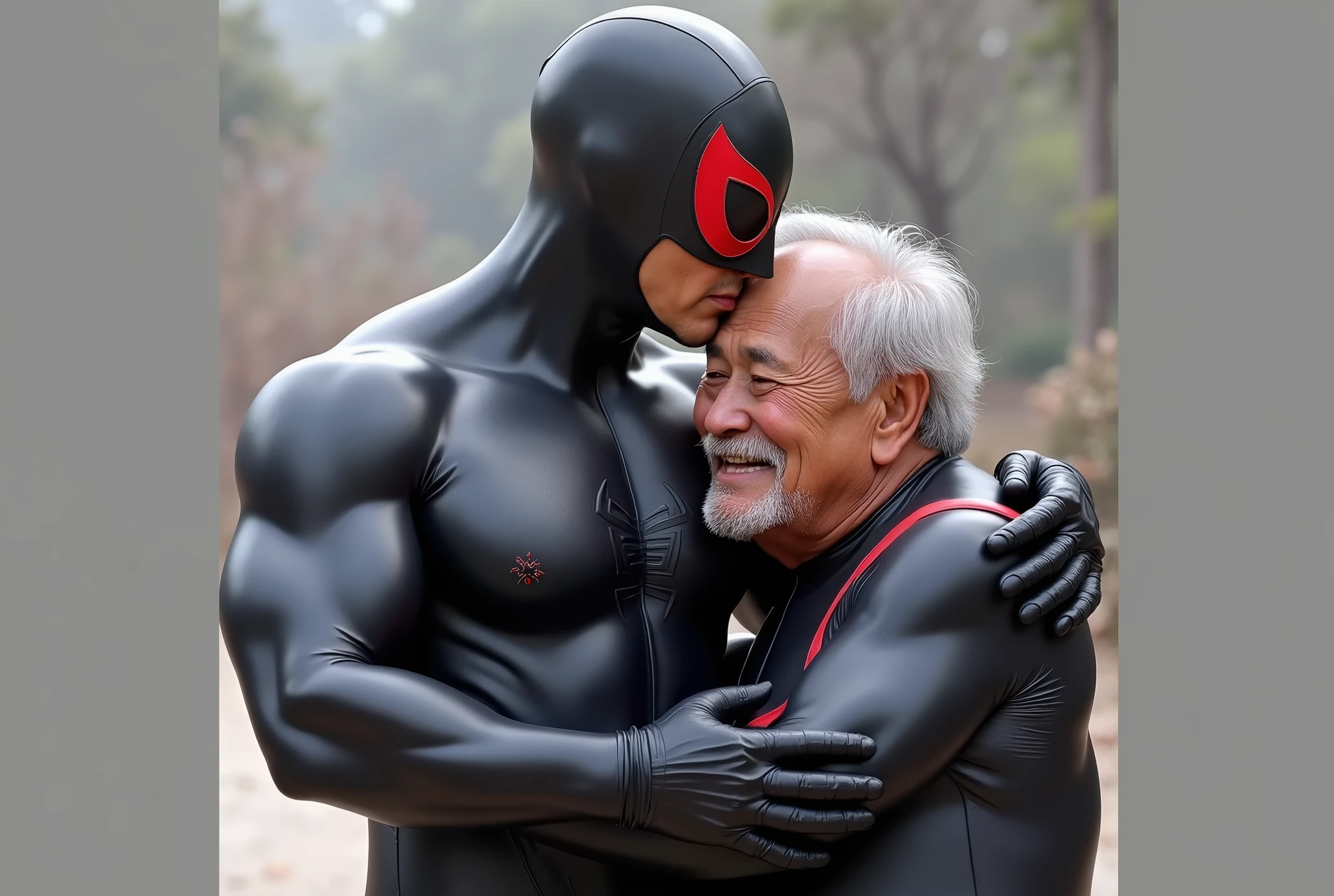 middle-aged Indonesian man, stocky and slightly stocky, wearing Spiderman Lycra, being hugged and kissed by a grandfather with a thin mustache wearing a black Zentai