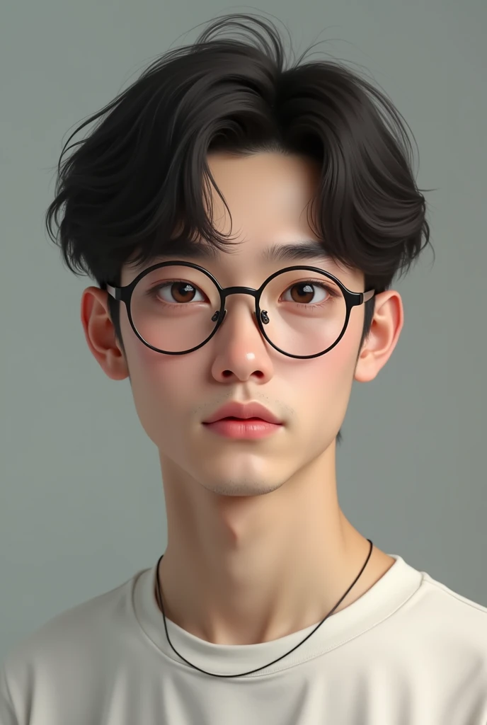 Realistic image of a boy who is around 20 years old, Caucasian skin, almost thin hair, small, slanted eyes as if he were of Asian descent, and wear thin round glasses.