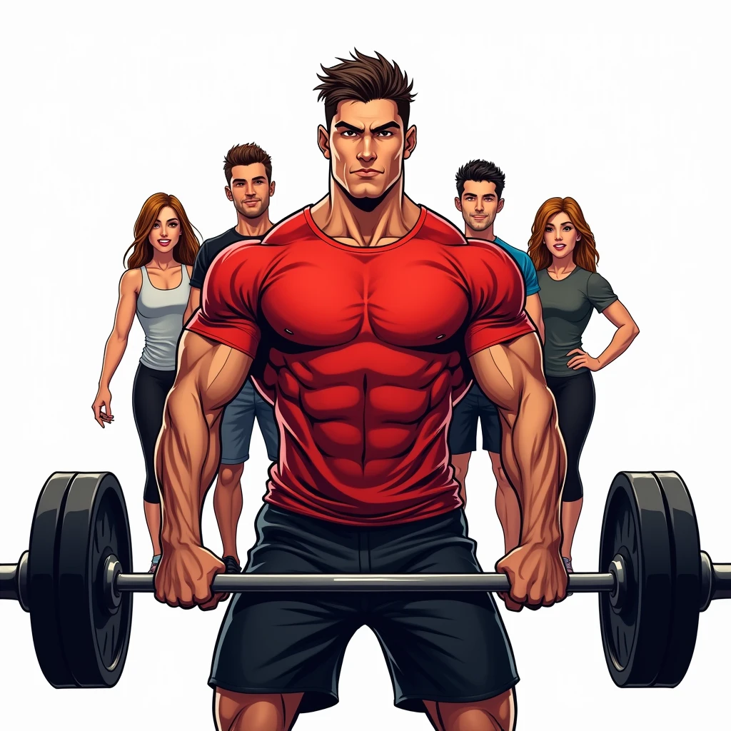 comic art style, best quality, masterpiece, full body image of handsome young man wearing red tshirt and black shorts, (lifts barbell), four friends cheering him on from behind, perfect fingers, perfect hands, perfect face, perfection, white background