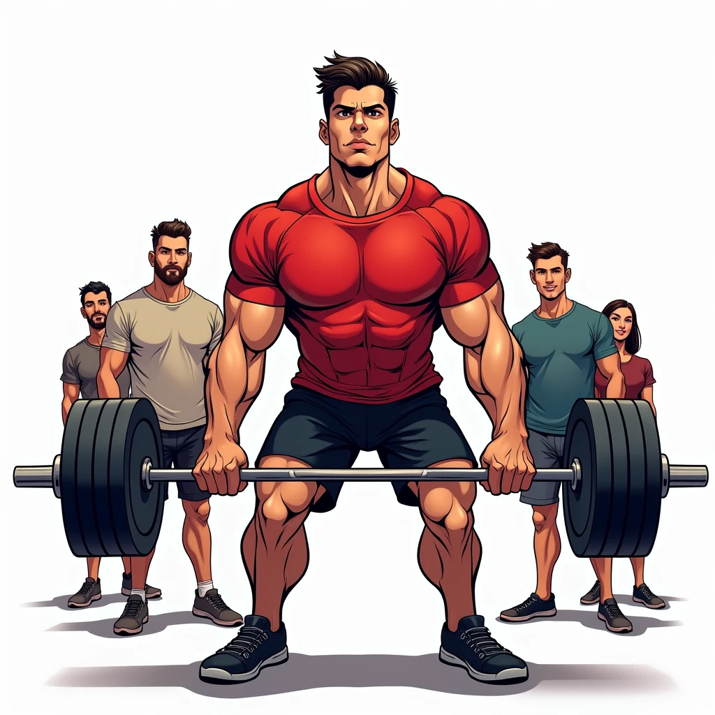 comic art style, best quality, masterpiece, full body image of handsome young man wearing red tshirt and black shorts, (lifts barbell), four friends cheering him on from behind, perfect fingers, perfect hands, perfect face, perfection, white background
