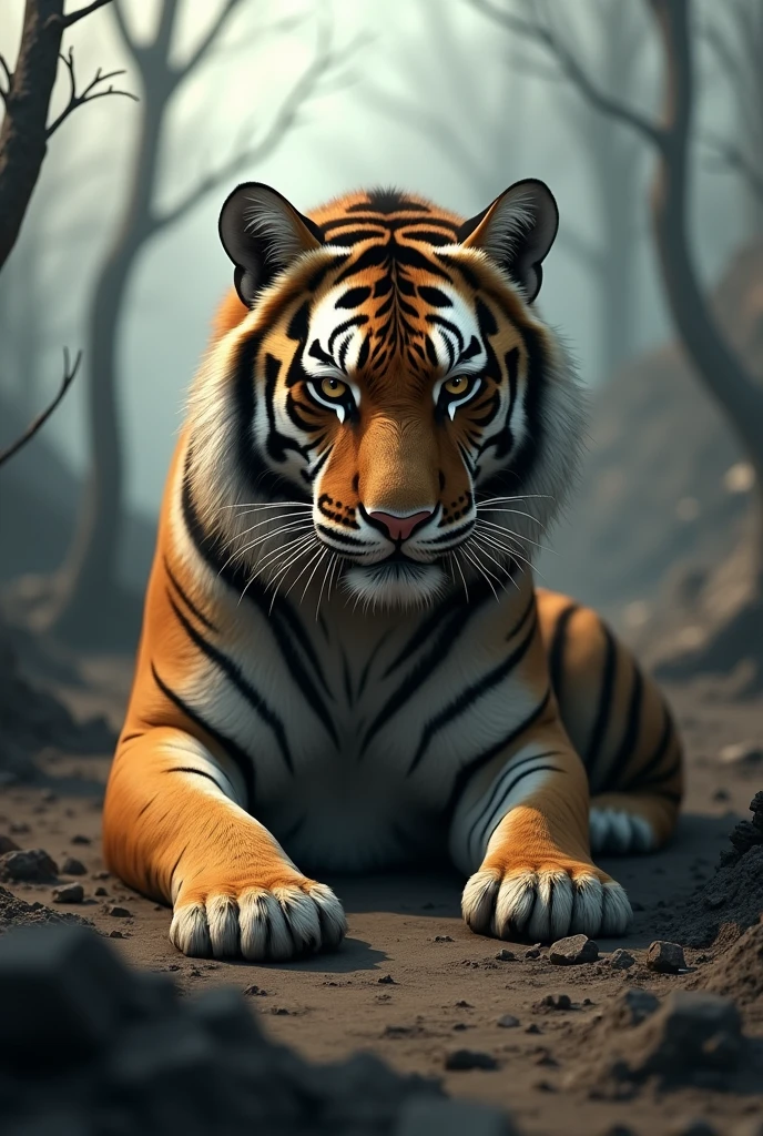 sad tiger crying over human cause disaster