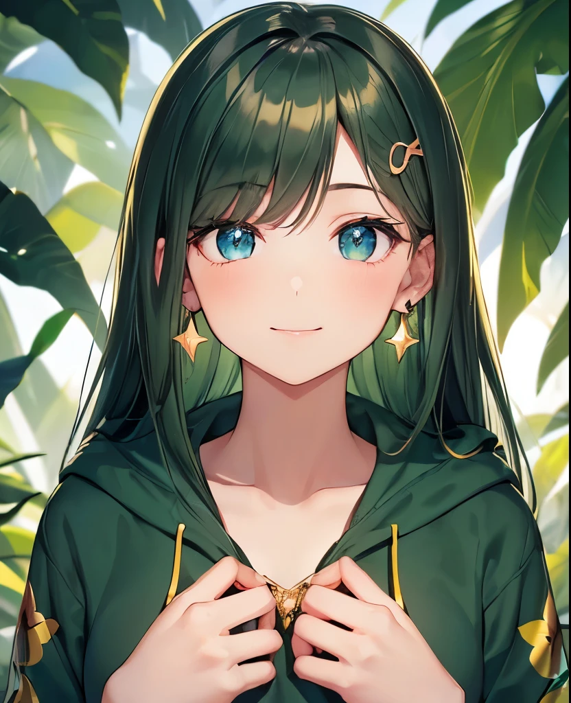 ((dark dark green hair color emphasis)), looking front, upper body shot, hands on head in rabbit pose, beautiful 5 fingers, 5 fingers, (dark dark green hair color emphasis), long straight hair, cute shaped round eyes (droopy), big blue eyes, kind and cute face, vermillion (Highlighted by dark green hair color), (Close mouth, smiling, big golden star earring, golden hair clip, sparkling eyes, aquarium, Focus on face, fresh smile, green floral print hoodie, (High quality, golden number 5 earring, blue eyes, close-up of face), small breasts, hands, shadowless background, high quality, Focus on face.