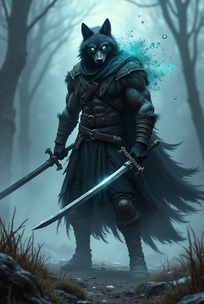 Create a character inspired by Kimetsu no Jaiba who is a demon hunter but has wolf characteristics such as breathing and attacking with double swords that is a man, that is human but has an aura of spiritual Wolf on his back, a wolf-shaped aura