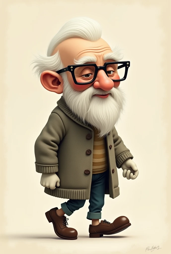 man old, large rectangular head, short wavy white hair and bald, wearing square glasses with rounded corners, walking, 30&#39;s style, rubbery arms, white gloves rounded fingers, big shoe, smiling, round cheeks, long beard, drawn with black outline. knitted coat. smaller and slightly pointy nose. a little bit quietly
