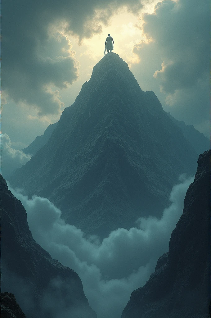 A view of Mount Olympus with Zeus standing at the peak, surrounded by dark clouds and a brewing storm.