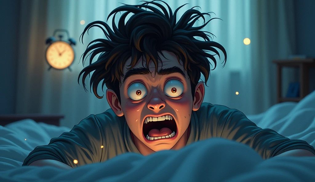 Illustration of a young man freaking out about his alarm clock waking him up at 5:00:00 a.m., perspiring, bulging gaze, messy hair, tired expression