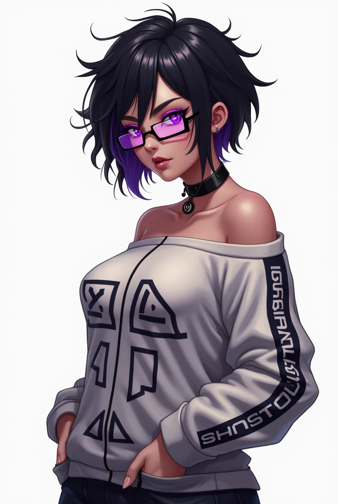 Make a 2D image of a very sexy female character for Rule 34 that is busty with big sexy breasts with these characteristics: hair: The hair is black with dark purple highlights.. It's short and messy, with locks falling over her forehead and sides. One strand in particular is highlighted in bright purple. face: He wears rectangular-framed glasses, purple eyes Clothes: with little sexy clothes., and the sweatshirt has various geometric elements and patterns, including triangles and lines. Accessories: She wears a black choker around her neck., which reinforces its alternative look. The background should be white and look like a drawing or sketch