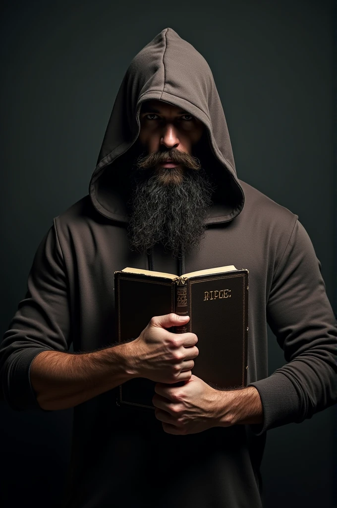 Frontal photo of a mysterious muscular man with a large beard and hooded in a dark environment holding a Bible