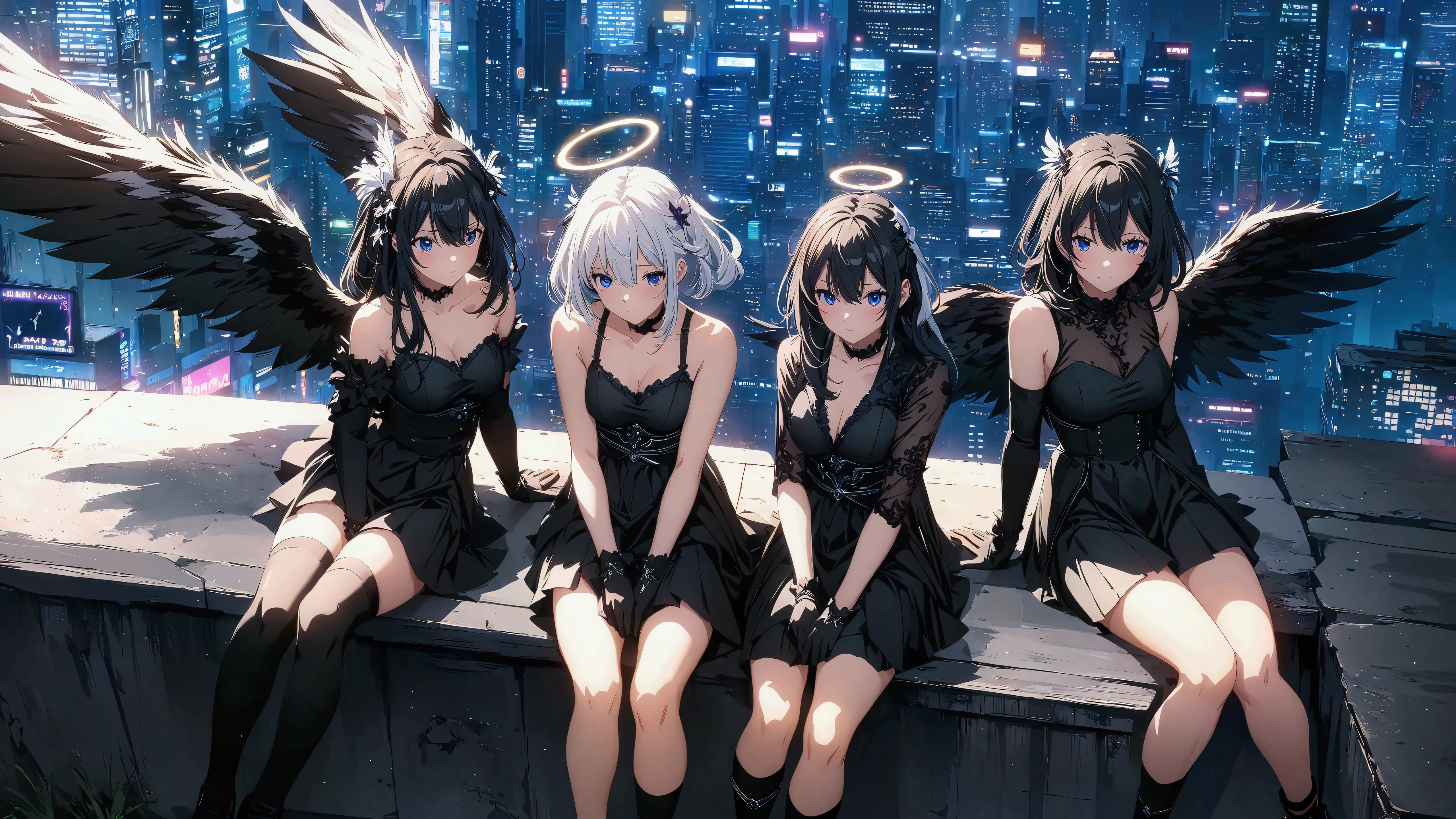 three girls in black dresses sitting on a ledge with angel wings, Best Anime 4K Konachan Wallpaper, 4K anime style, 4k anime wallpaper, manga wallpaper 4k, 4k anime wallpaper, 4k anime wallpaper, anime rudo 8K, anime art wallpaper 8k, anime art wallpaper 4k, anime art wallpaper 4k, anime girls nude panties 