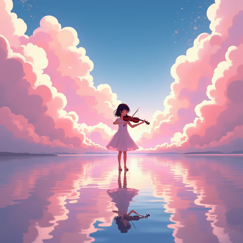 A young girl plays the violin,Behind is a sea of pink clouds,Lake surface,inverted image,Pink waves,Complicated details,Firefly 1:2,Rainbow color 1:2 Dream,