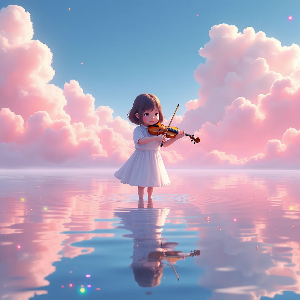 A young girl plays the violin，Behind is a sea of pink clouds，Lake surface，inverted image，Pink waves，Complicated details，Firefly 1:2，Rainbow color 1：2 Dream，