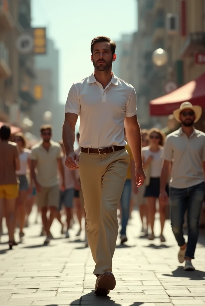 Man in white polo t-shirt, beige pants, brown shoes, belt, walking through crowded street, pedestrians crossing in background, composition embracing dynamic urban life, ultra realistic, cinematic.