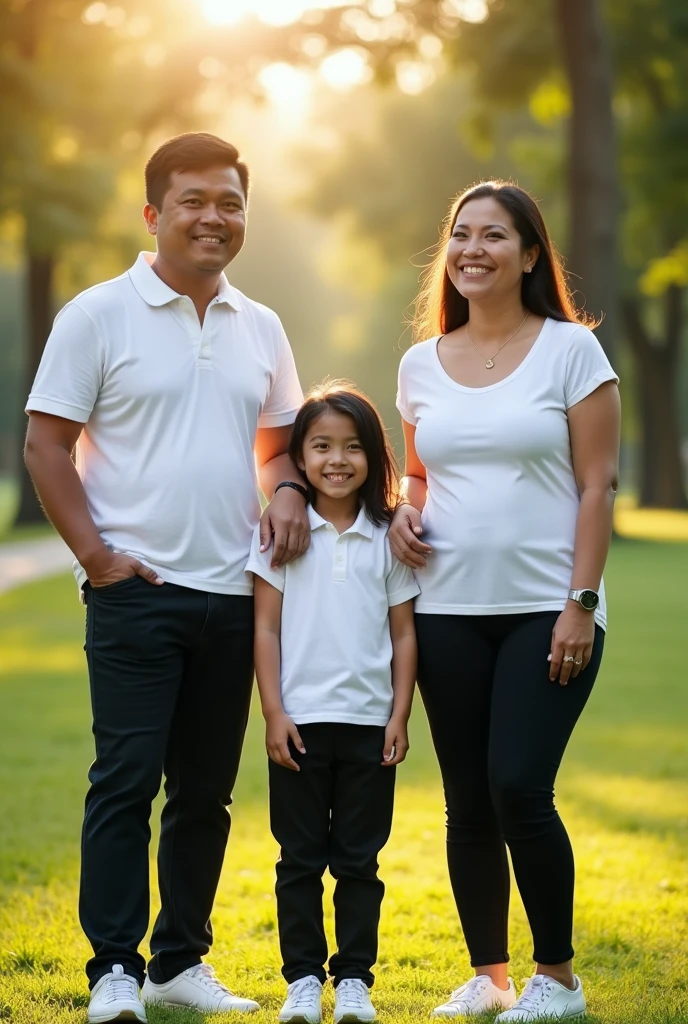Family, filipino, wearing white shirt, black pants, white shoes, whole body, realistic, not really hd, natural lightings, not edited, setting is in the park