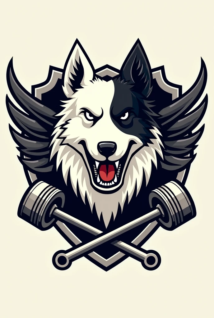 I need a coat of arms for a motorcycle club with a white border colie dog with only the right ear black(but not up to the eye) and angry in the middle but only his bust, with small wings coming out from behind him on the sides, and two crossed pistons coming out of the bottom of the dog&#39;s head