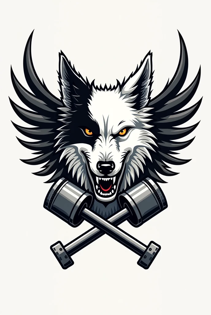 I need a coat of arms for a motorcycle club with a white border colie dog with only the right ear black(but not up to the eye) and angry in the middle but only his bust, with small wings coming out from behind him on the sides, and two crossed pistons coming out of the bottom of the dog's head