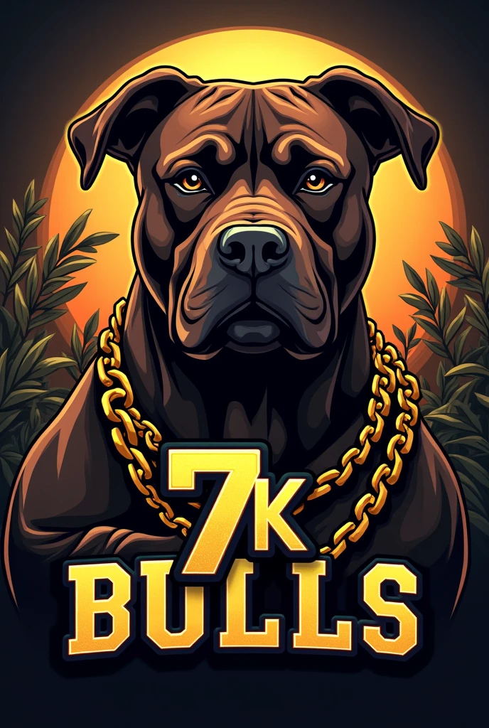 Generate a logo for a dog kennel, Eye-catching logo and gold chains, chocolate colored dogs, Exotic American Bully Breed, short snout, marked forehead, muscular, extra muscular, cropped ears like a pitbull, , The name that will be on the logo is 7K Bulls,