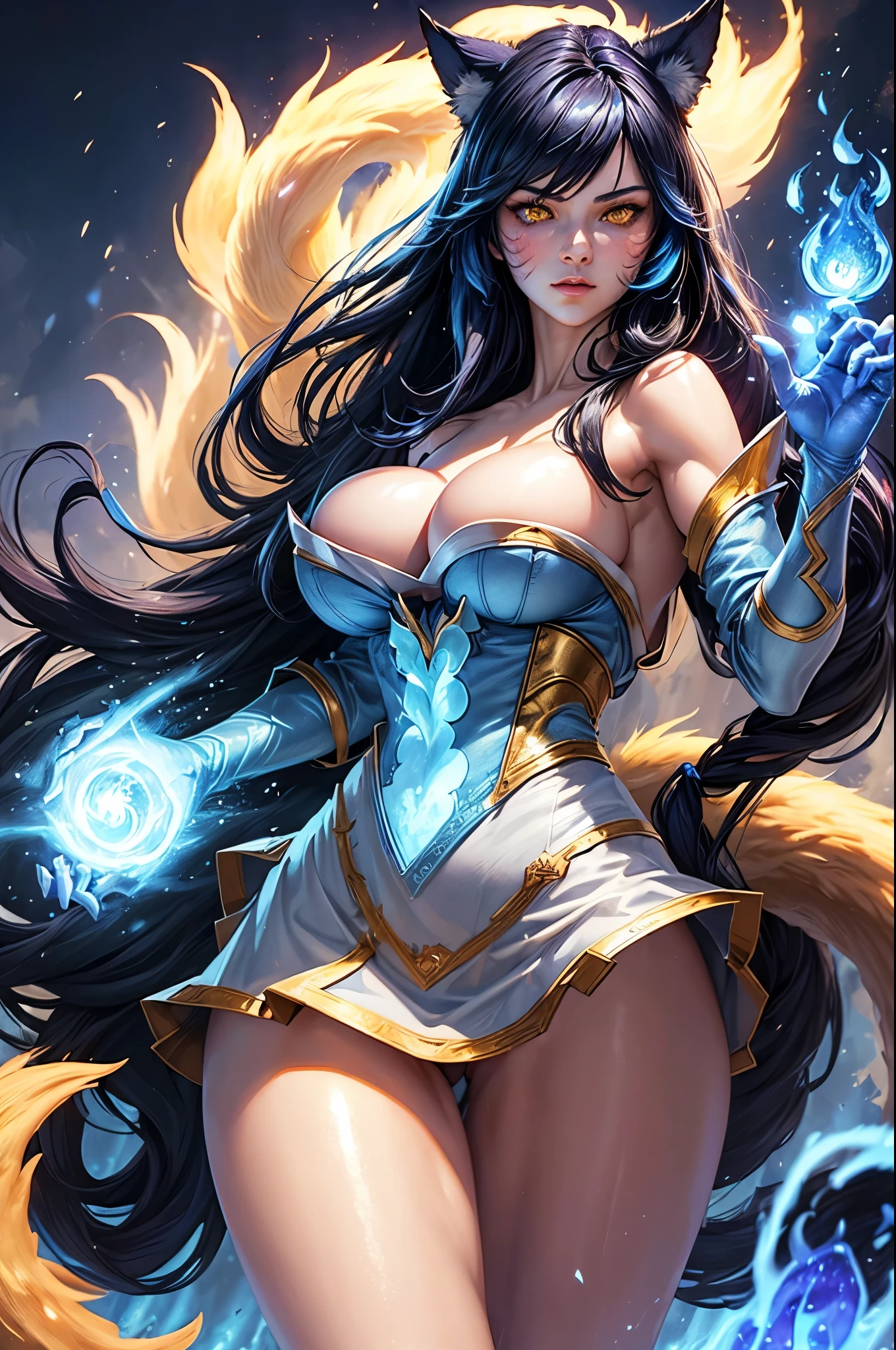 Ray tracing,{Best quality}, {{Masterpiece}}, {A high resolution}, Original, Extremely detailed 8k wallpaper, {An extremely delicate and beautiful}, realistic hand, one girl, good body proportions, (((cowboy shot))), Extremely detailed face, Extremely detailed body, Extremely detailed hands, Extremely detailed eyes, beatiful eyes, ((glowing eyes golden eyes, staring blankly)), extremely detailed background, high quality background,Ahri League of Legends,(((kitsune girl,fox girl,fox tails, blue fire tails, nine tails, multiple_tails, multiple tails))), (large breasts:1.9), (((20yo girl))), dark hair, fighting stance, volcano background, (((blue fire magic, blue fire))), (((the background is full of magical particles and realistic blue fire))), lens flare, glowing light, killer eyes, killer instinct, ((four fingers and thumb)):1.1