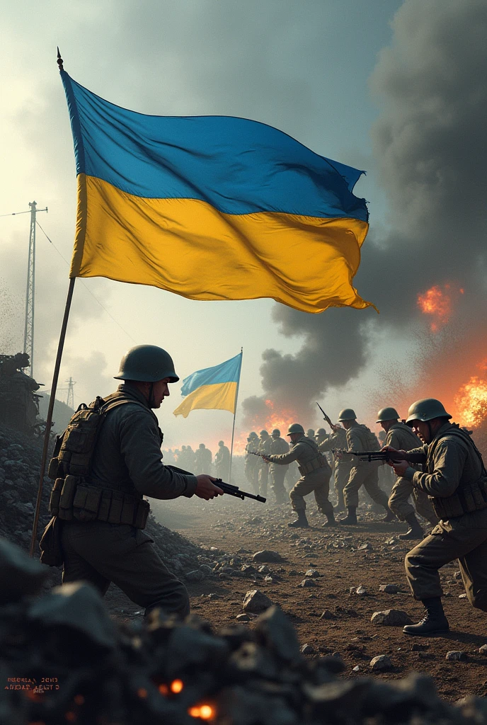 War between Ukraine and Russia, bombs and soldiers where the flags of Russia and Ukraine appear