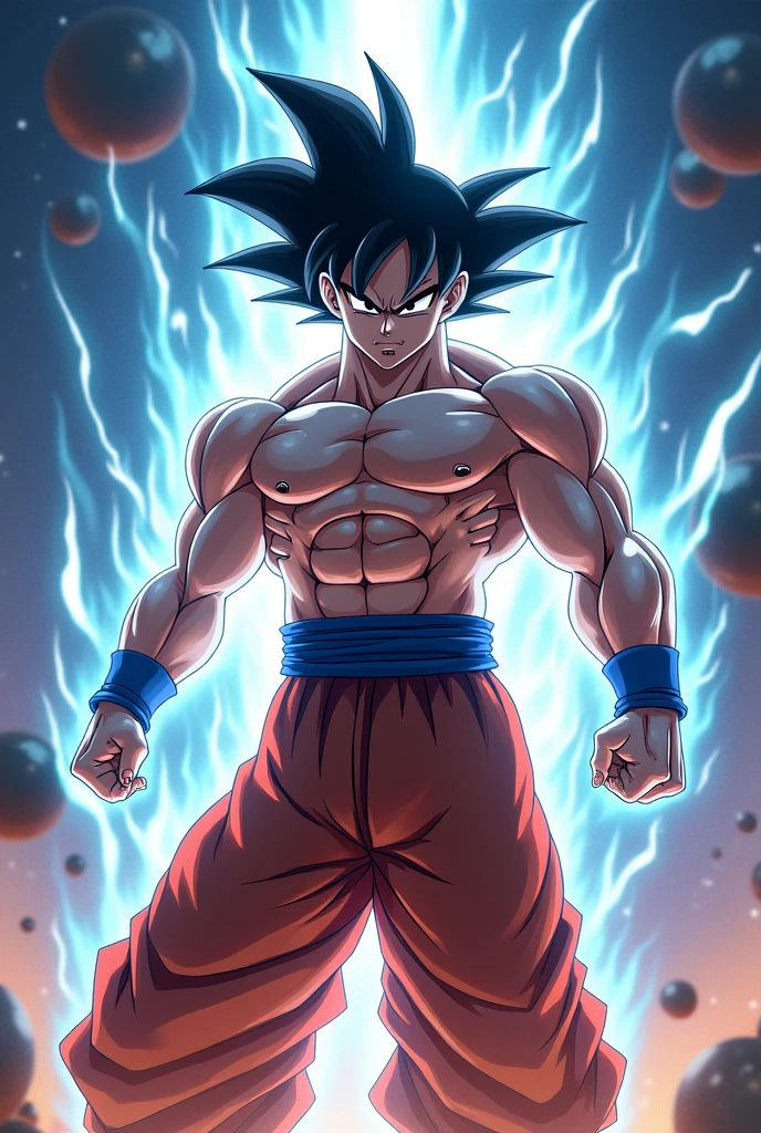 Goku ultra instinct with a black stripe around his body