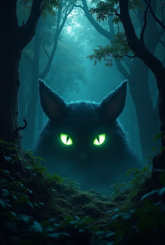 Bright eyes looking out from the darkness in a forest 