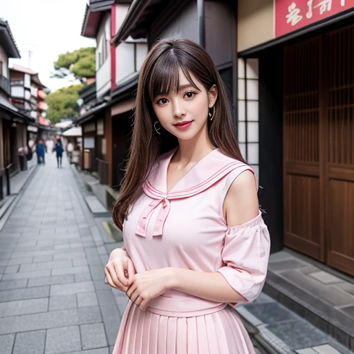 laughing out loud，pink collar, Wear student sailor uniform, 水手服是白色底pink collar，pink collar子，Pink pleated skirt，Pink navy collar，White sailor suit，(knee shot), 1 girl, On the face, light brown hair, blunt bangs, hair behind ears, Hair over the shoulders, long hair, Slender body type, Super thin face, face slimming, delicate lips, beautiful eyes, Thin blush, Eyes are light brown,Check it out here, (realistic:1.3), Standing next to a street in Kyoto, Japan, 8k, , Super detailed, high quality, best quality, High resolution, ，Large Breasts，H CUP, 3