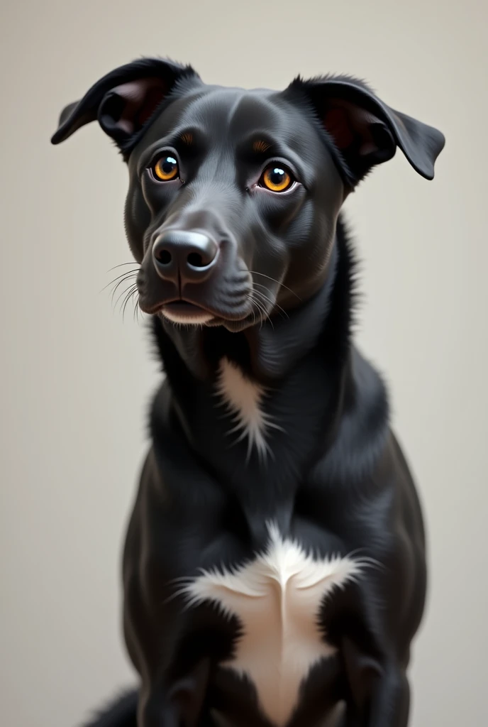 Black dog with short hair and a white spot in the center of her chest, mongrel