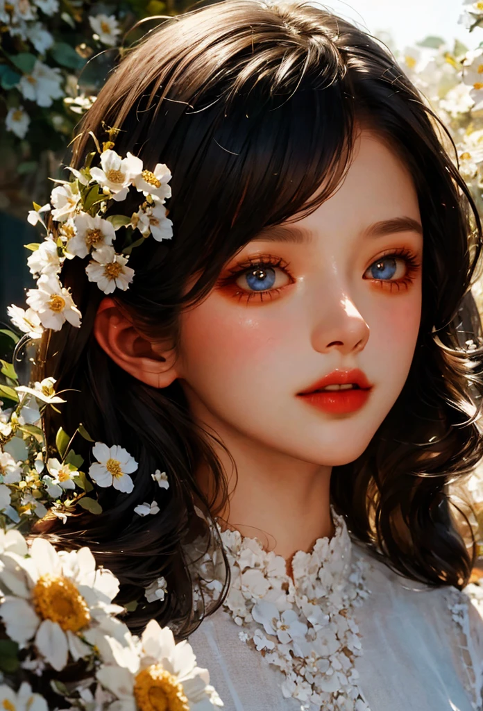 Young girl, flowers, close up view of viewer, peaceful, high resolution, silhouette, 3d texture, highly detailed, oil painting style, portrait, beautiful detailed eyes, beautiful detailed lips, highly detailed face, long eyelashes, natural light, vivid colors, cinematic composition, dreamy, transcendental, delicate, soft edges, masterpiece