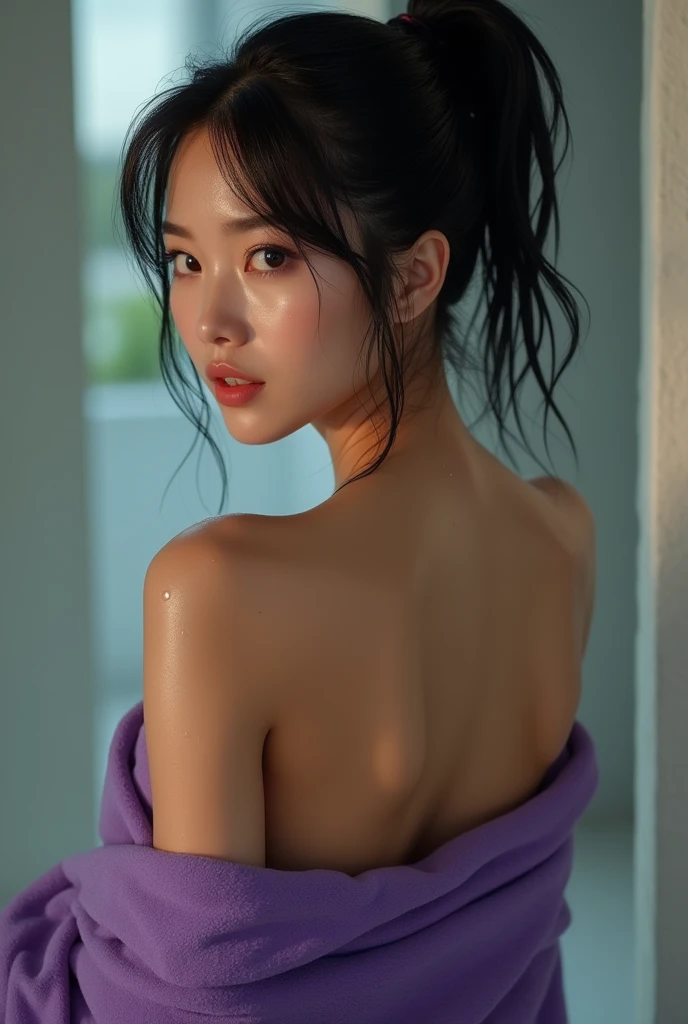 Woman in a revealing purple towel, wet shiny skin, pale skin, black hair, 2 asian, high short hair ponytail, view from behind, revealing her wet shiny white back, wet dripping back, looking at viewer, seductive face, looking at viewer, slender