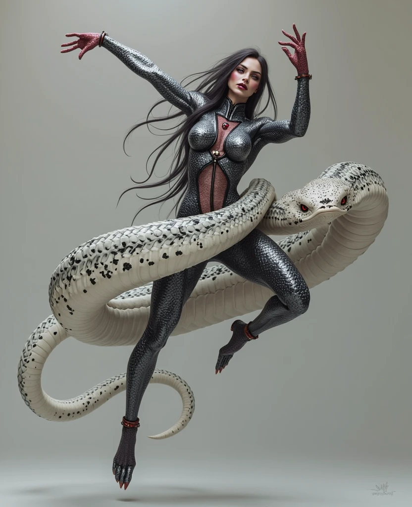 A dark and beautiful woman with long black hair, I am a Naga, one of the last of my kind. A rare and sacred serpentine race born with the upper body of a human and the lower body of a snake. We are ancient, powerful creatures feared and revered in equal measure. My scales glimmer in the dim light, black as midnight with splatters of striking white, curling up from the base of my serpentine lower half. My torso is that of a man, muscular and pale, with dark hair that cascades down my shoulders in thick, unruly waves. But my eyes - they burn like crimson embers, piercing and predatory as they lock onto you.