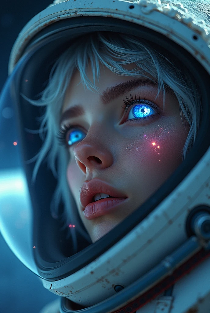 (Close-up of a better masterpiece:1.5)0.9], (Space and astronauts:1.2) (Messy silver hair:1.1) (Heterochromia xanthochromia and blue eyes:1.2) (Space Helmet:1.0) (Colored stars in the eyes:1.0) (A radiant glow:1.1) (thick lips:0.9)