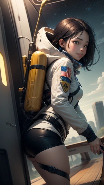 (((masterpiece))), (((Highest quality))), ((Very detailed)), (Highly detailed CG illustrations), ((Very delicate and beautiful)),(From the side),Cinematic Light,A girl climbs into the cockpit、Black Hair、long、Boarding a small spaceship，In the cockpit，Starry Sky, Big Clouds,colored glaze,Golden Universe，Run up the ramp，Space Station、Preparing for takeoff、Spacesuit、Aiming for Andromeda、Toa Heavy Industries、Lonely smile