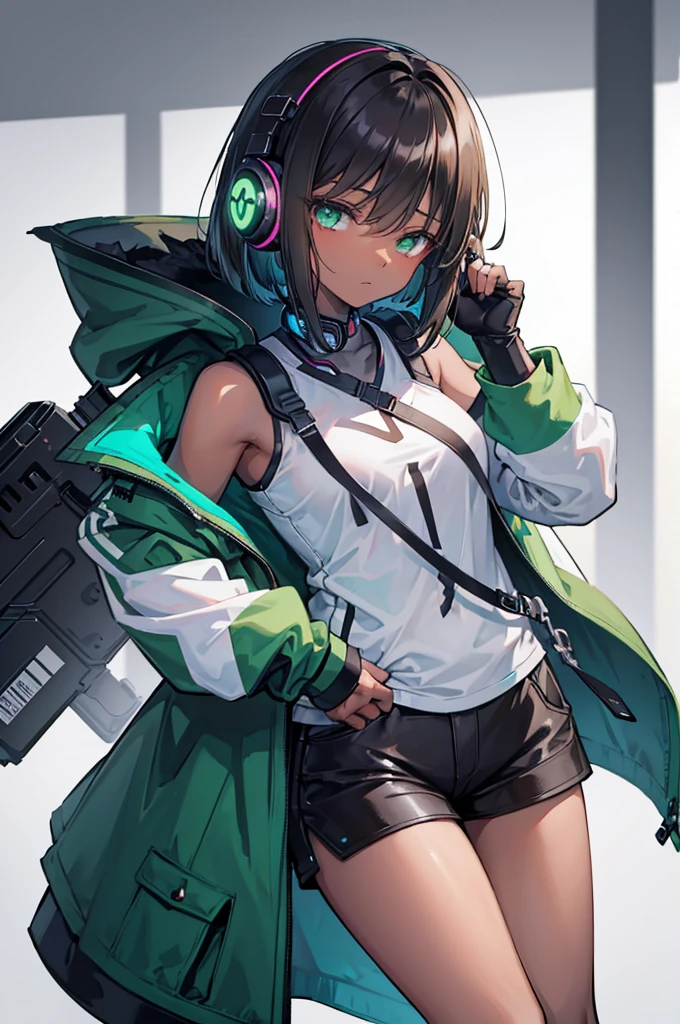 초상화, Face_through_torso, A small girl with dark skin and bright green eyes, her right eye completely covered by bangs. Her hair is a short, shoulder-length bob in brown. She wears cyberpunk-style headphones around her neck, a gray sleeveless shirt, and a dark green hooded coat that's slightly oversized, causing the left shoulder to slip off, revealing her shoulder. The coat reaches her thighs. She wears short black shorts and has her left hand tucked into the coat's pocket. She has a tired, lazy expression with half-closed eyes, emphasizing her fatigue.