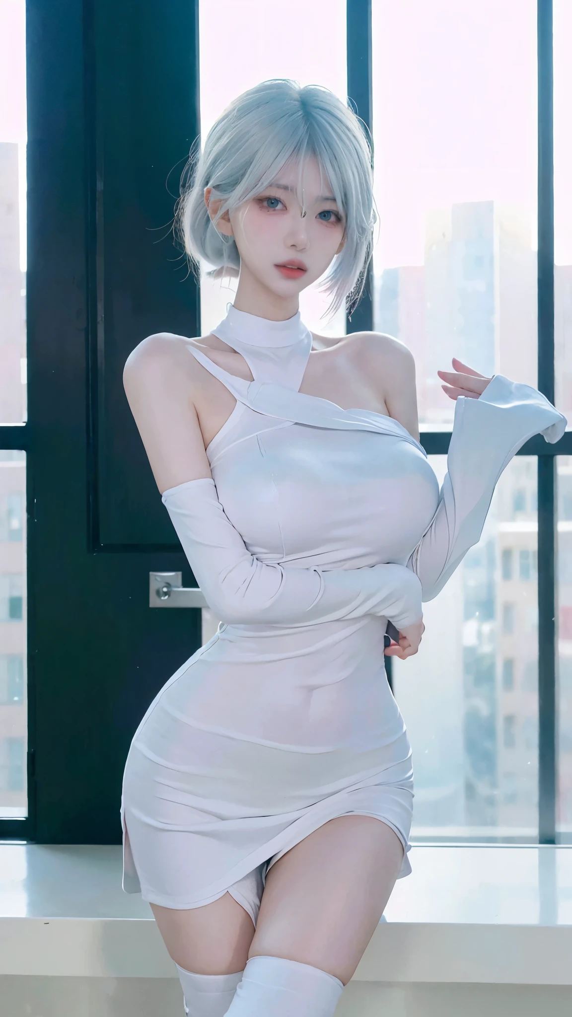 Beautiful woman with perfect figure:1.4,4K,Yoga background,Ultra-high resolution,Seductive laughter,White Legs,(Lifelike:1.4),Layered hairstyle,White skin,Yoga Clothing,whole body,Very delicate face and skin texture,Double eyelids,Skin Whitening,White hair,