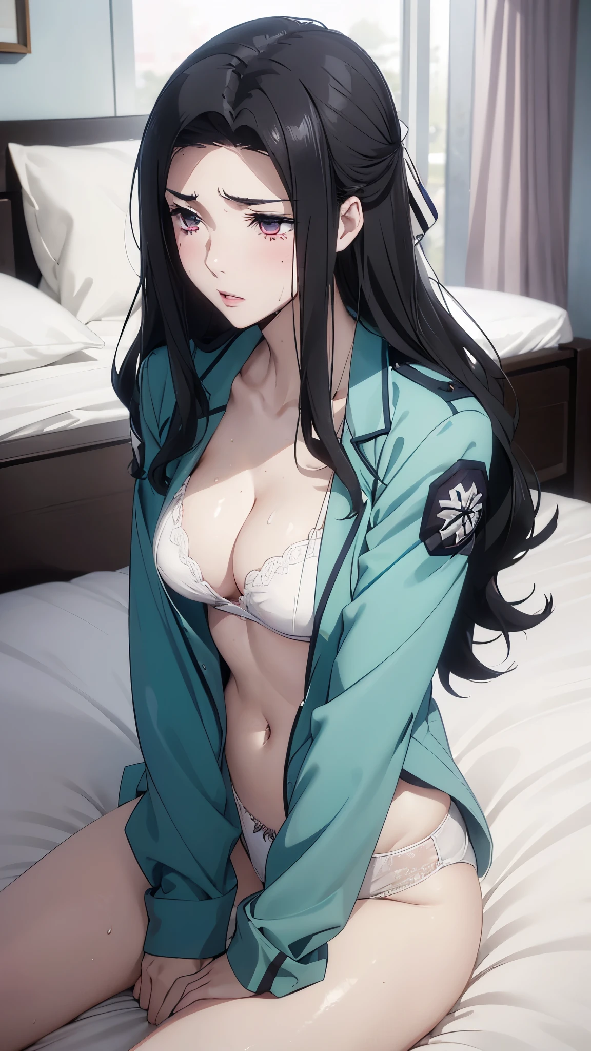 1 personの, alone, masterpiece, Highest quality, The Irregular at Magic High School, Mayumi Saegusa,Mayumi Saegusa, iris, Red eyes, eyelash, Black Hair, Long Hair, Back ribbon,High School Uniform, Green jacket, Cropped jacket, Open jacket, Long sleeve, (masterpiece: 1.3), (Maximum resolution: 1.2), (Ultra HD TV: 1.2), Cinematic Light, 8k resolution, Detailed facial features , (Sharp focus: 1.2), (Focus on the face:1.2),Perfect Style, Beautiful Face, Acura, Anatomically correct, Highly detailed face and skin texture, Beautiful Eyes,Beautiful Eyes, Thin eyebrows, Natural Cheeks, Glowing Skin, Fair skin: 1.2, (Glossy Lips: 1.4),、 (Embarrassed look: 1.2),Highly detailed face and skin texture, Natural Cheeks, , Glossy Lips: 1.4,Perfect Style、Cleavage、Soft Breasts、(Semen on chest:1.6)(Cum on thighs 1.5)、 Overflowing sperm、Drenched in sweat、Wet clothes、blush、A humiliating look、Anxious expression、Frightened expression、Embarrassed look、Glare、anger、sorrow、tears、(Open your knees:1.5)、(Spread your legs:1.5)、 White underwear、Disheveled clothes、sweating、Thin underwear、18-year-old、 clear, A clean-cut woman,1 person、 Upward-facing chest, Black Hair、blue eyes、Beautiful Eyes、Torn clothing、(Being sexually assaulted by a violent man:2.0)、At the bed、(On my back、At the bedLying down、Lying down、White sheets:1.7)、avert your eyes、