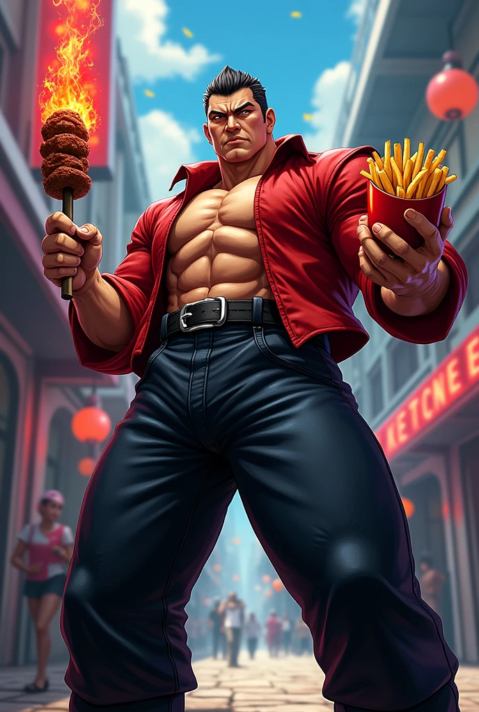 Create the character Chang from the game KoF holding a skewer in one hand and in the other hand holding French fries 