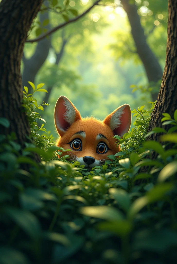 Eyes looking out from a bush in a forest 
