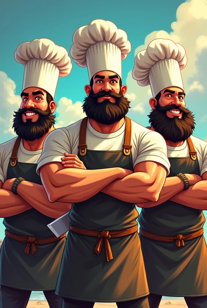 3 bearded muscular Venezuelan male chef with brown hair uses knife and spatula with arms crossed in cartoon style