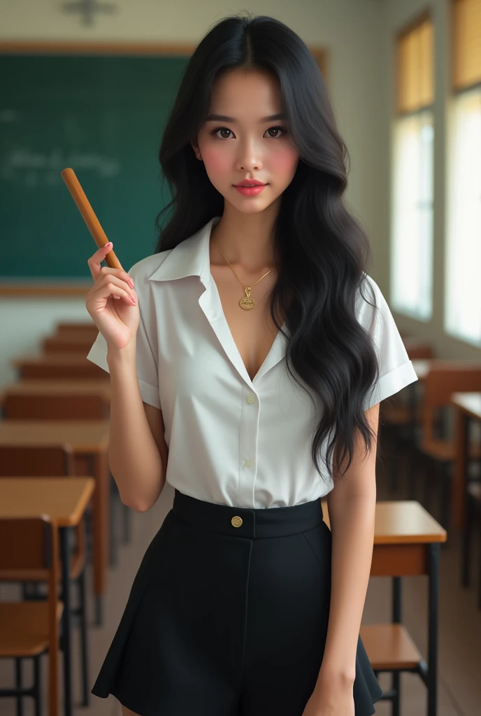 Beautiful Thai girl with smooth skin, black hair, dark brown eyes, gold pendant (medium chest), wearing Thai teacher's outfit, white short-sleeved shirt, black short skirt, slim fit, holding a small wooden stick in her hand, standing and posing in the classroom, background is a classroom, student desks and chairs, the most realistic image.