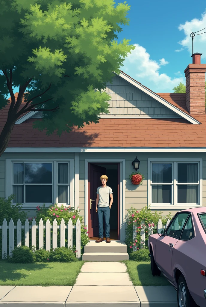 A modest, cozy house with a white picket fence and a small front yard. The house is well-maintained, with flowers blooming near the entrance. Sophia's car is parked in the driveway. She is standing at the front door, which is slightly ajar. Jake, a tall man with short, sandy blond hair and wearing casual clothes (jeans and a t-shirt), stands at the doorway. Cinematic view.anime style.