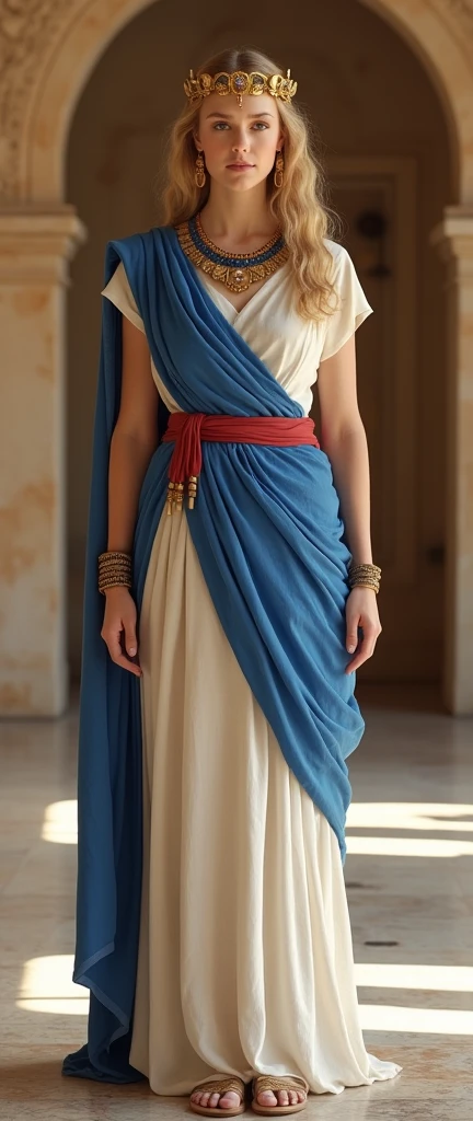 Front view,  Full body , standing pose, on floor , in gorgeous Jewish palace,  BC 1st century,　Herodian King's wife, name is Mariamne 20 years old, Greek-style clothing of the Jews at that time,  Jewish girl, (Light Gold Hair, middle hair ,blue eyes, Beautiful Lips,  Small lips, little smile), (Gold crescent earrings, lapis lazuli Necklace, amethyst Tiara), Red wide belt,(middle  Breasts, middle Hips) ,  (wearing White an linen ancient Roman imperial tunic), (Blue Toga:1.3),  gorgeous sandal, Textured skin , HI Detail Skin, (Shorthand, Canon, 8k, Anatomically correct,  Super Detail, Attention to detail, Your Highness)