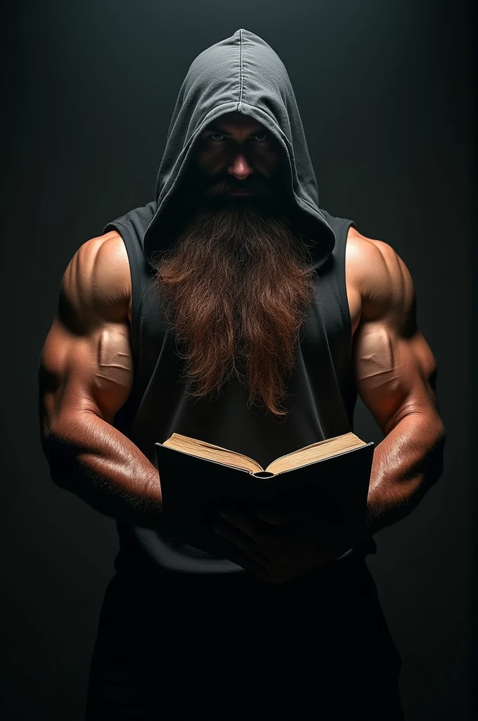 Front view photo of a mysterious muscular man with a large brown beard and hooded in a dark environment holding a Bible