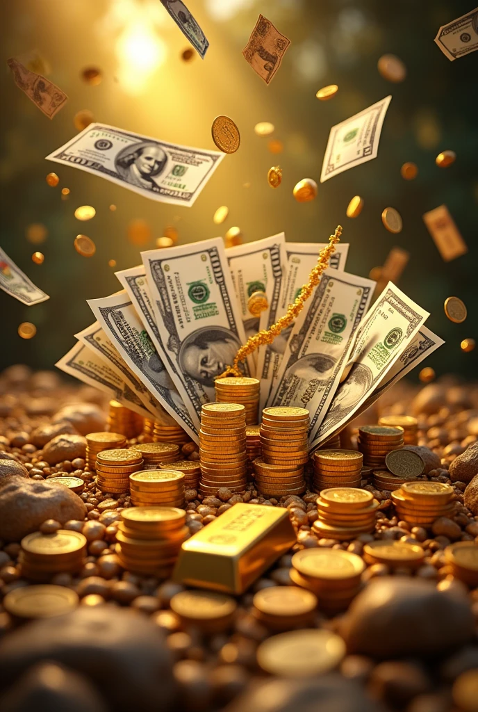 A visually appealing and engaging YouTube video thumbnail featuring a collage of symbols and elements associated with wealth
and prosperity. Surrounded by a wealth of dollar bills, gold bars, and stacks of coins and flying dollar notes, Image need to be 16:9 format.