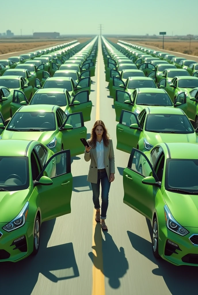A woman in the center of a highway with a cell phone in her hand and around more than 30 green Kia cars with their doors open