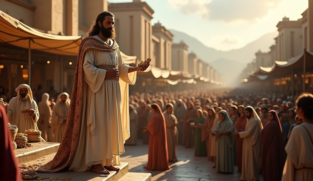Crie uma imagem hiper-realista e misteriosa de Solomon em uma grande praça pública, surrounded by people of all ages and backgrounds, who are receiving gifts from your hands. Solomon, dressed in a long white linen tunic embroidered in gold and a cloak, is standing on a raised step, distributing gold coins, food and fine fabrics. Ao fundo, the city market is in full swing, with merchants and artisans offering their products. The soft evening light should illuminate the scene, creating an atmosphere of joy and gratitude, enquanto simboliza que a generosidade de Solomon cria um ciclo de abundância que enriquece toda a comunidade."