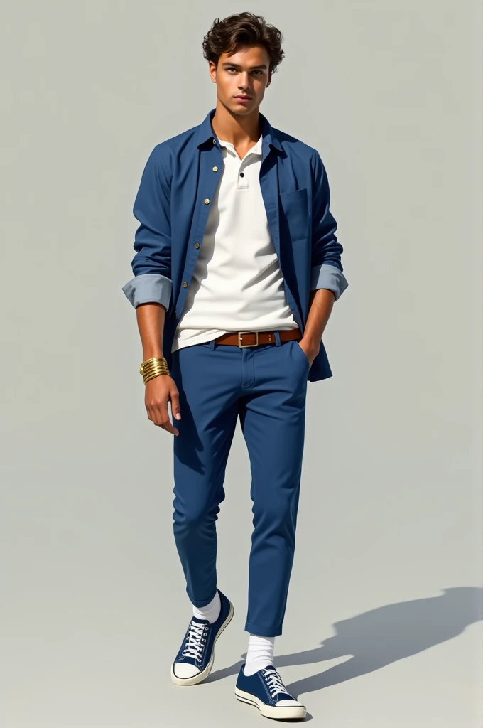 HD boy in blue pants, blue shirt, White polo shirt, Brown belt, blue sneakers, white socks, golden bracelet, coffee lenses 
