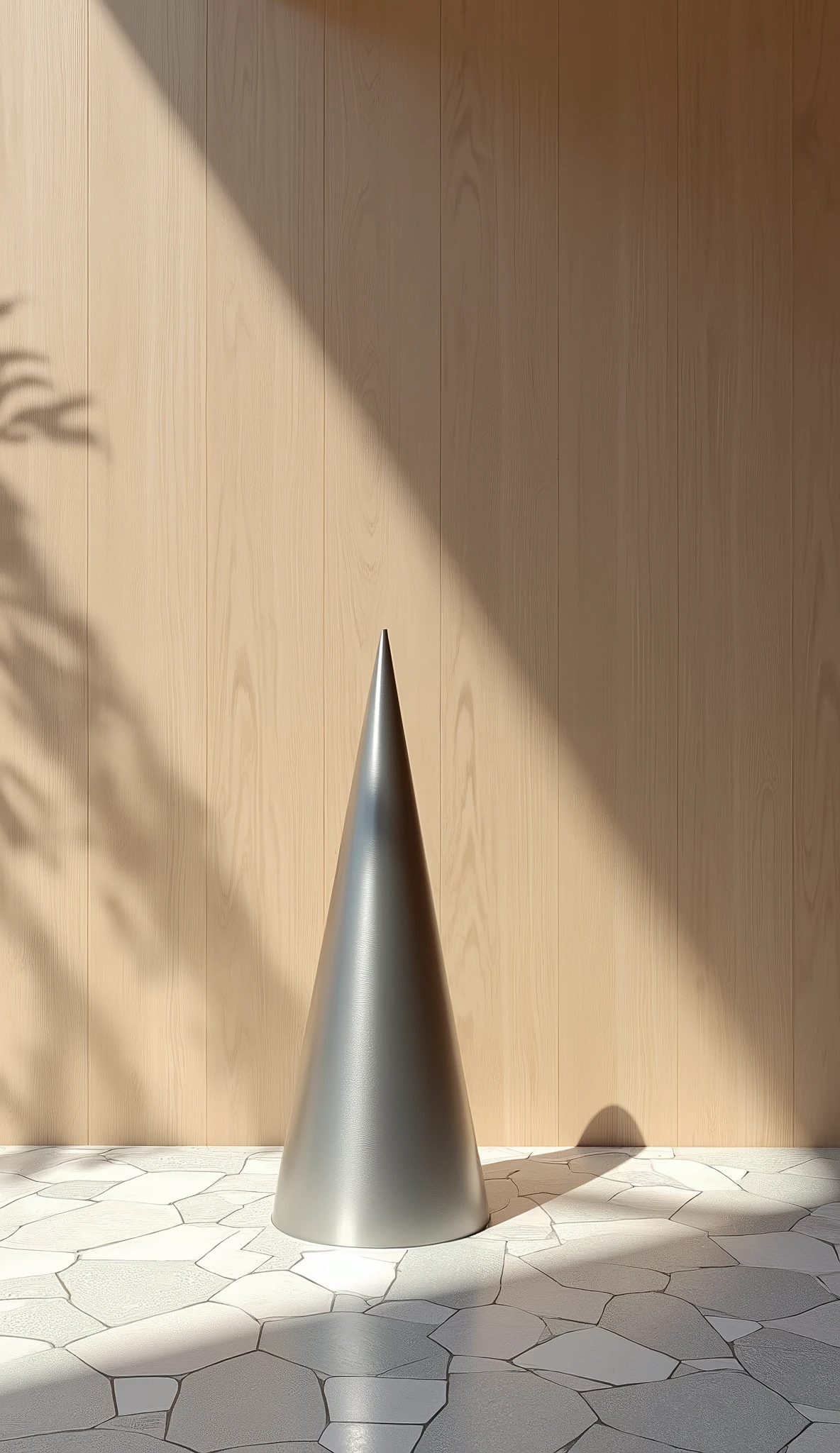 Flat wooden background, stone floor with shadows, metal cylindrical cone with diffusion, with artistic drawing effect.