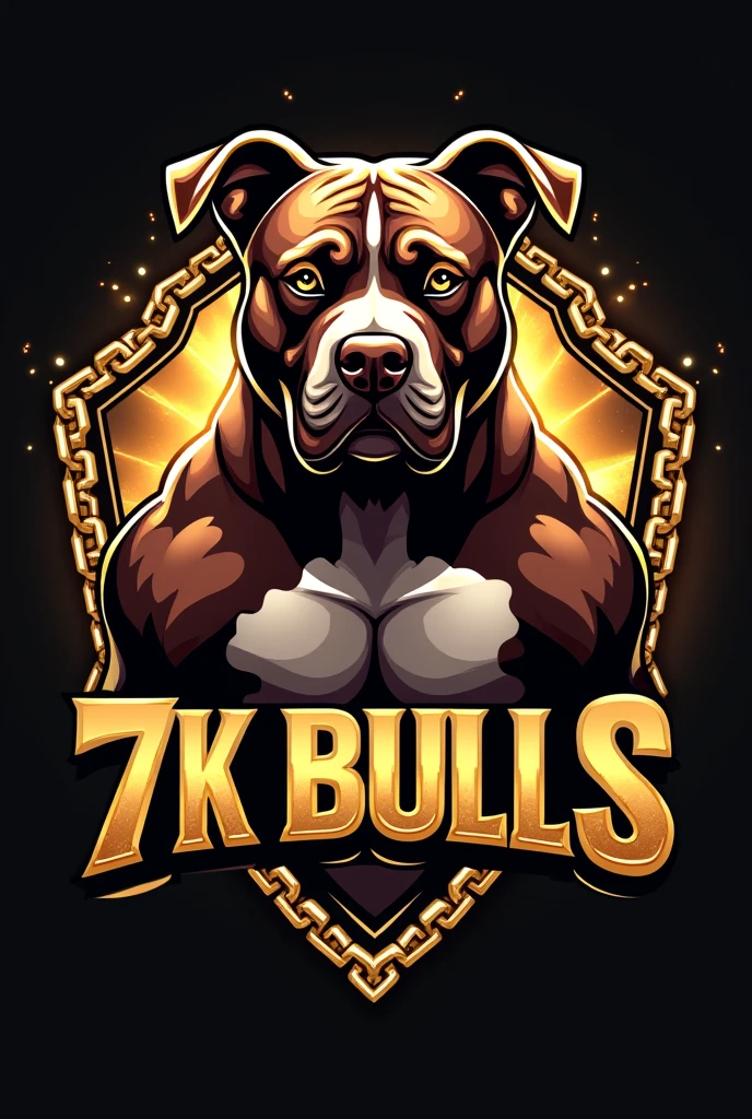 Generate a logo for a dog kennel, Eye-catching logo and gold chains, chocolate colored dogs, Exotic American Bully Breed, short snout, marked forehead, muscular, extra muscular, cropped ears like a pitbull, , The name that will be on the logo is 7K Bulls,  