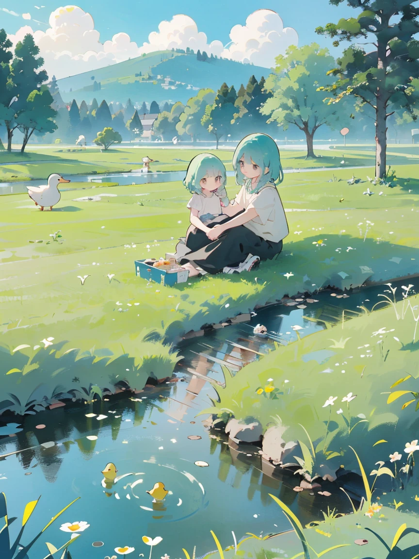 ((A girl sitting by the pond)),(Play in the fields, paddy,Cute ducks, Cute girls), Ghibli background style, Yuru Chara Style,Cute storybook illustrations, , 柔和light, cream, Giorgio Morandi colors, Thick Line Graph, Full color illustrations, Picnic in the forest, Cover Illustration, landscape,truck,Grassy fields,Grassy,plant,Natural Style, (light:1.0),masterpiece,Best quality,